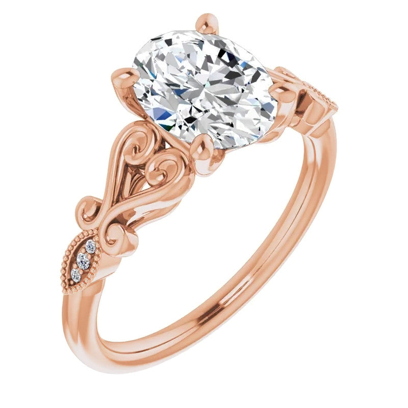 Oval Scroll Accent Engagement Ring with Milgrain