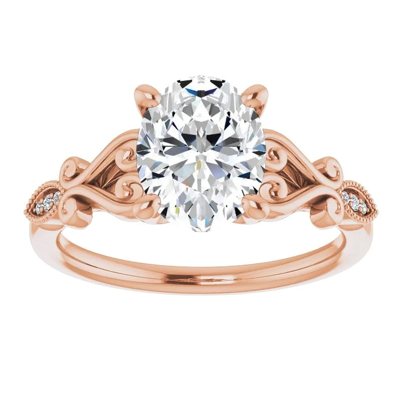 Oval Scroll Accent Engagement Ring with Milgrain
