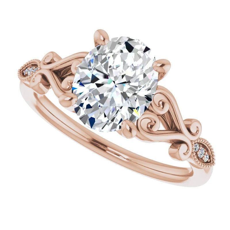 Oval Scroll Accent Engagement Ring with Milgrain