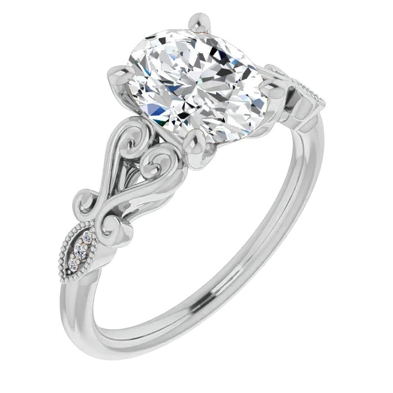 Oval Scroll Accent Engagement Ring with Milgrain