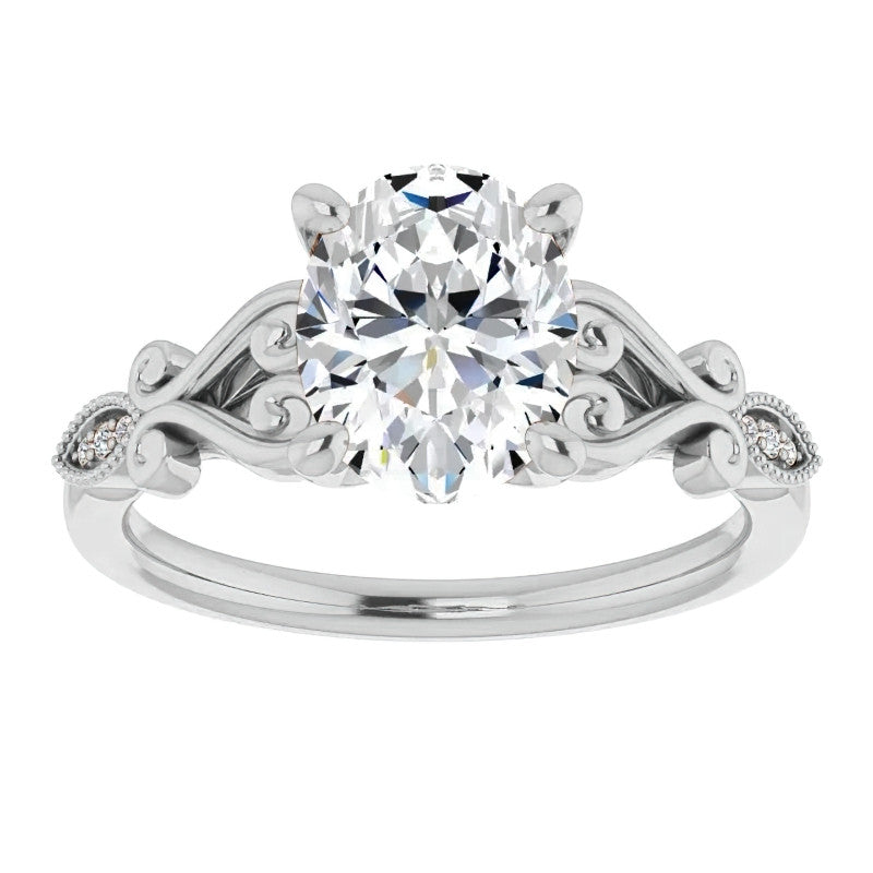 Oval Scroll Accent Engagement Ring with Milgrain