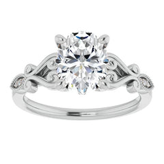 Oval Scroll Accent Engagement Ring with Milgrain