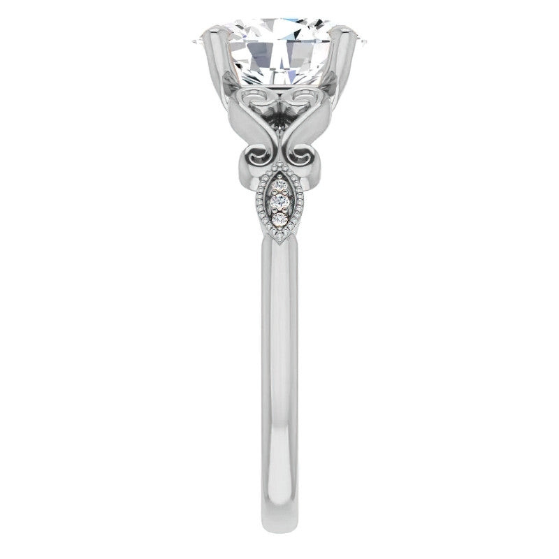 Oval Scroll Accent Engagement Ring with Milgrain