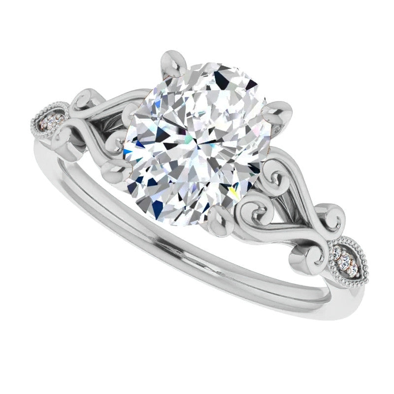 Oval Scroll Accent Engagement Ring with Milgrain