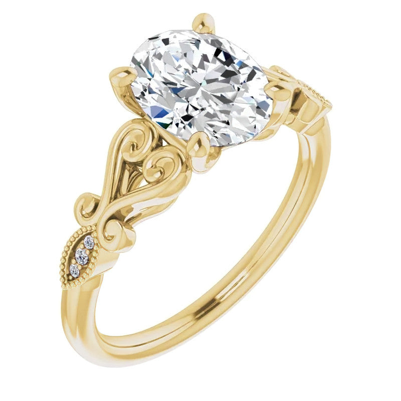 Oval Scroll Accent Engagement Ring with Milgrain