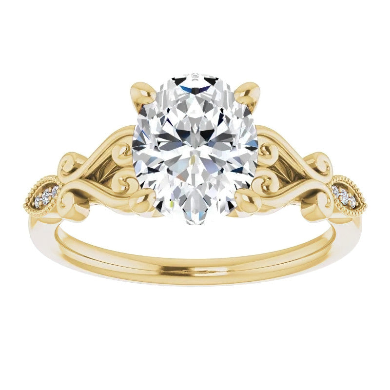 Oval Scroll Accent Engagement Ring with Milgrain