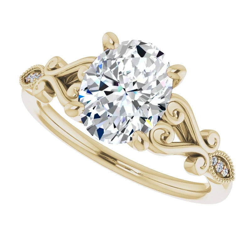 Oval Scroll Accent Engagement Ring with Milgrain