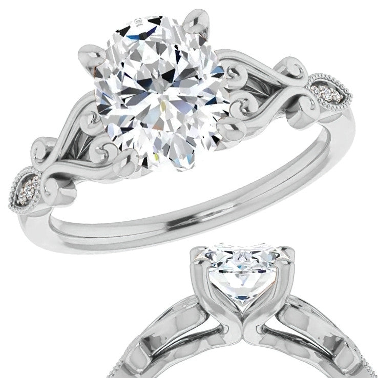 Oval Scroll Accent Engagement Ring with Milgrain