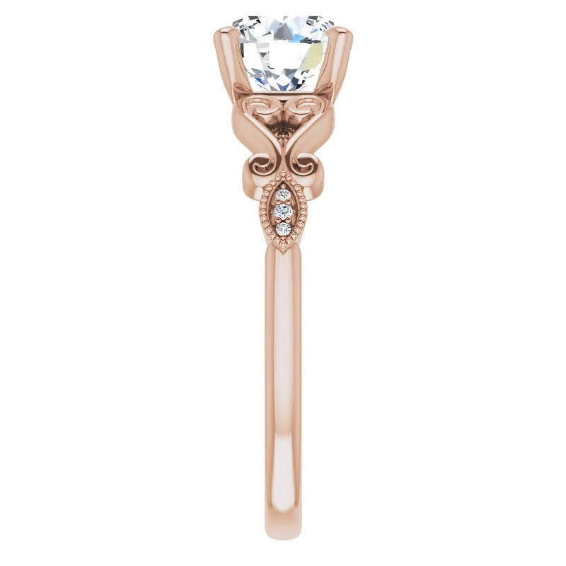 Round Scroll Accent Moissanite Engagement Ring
