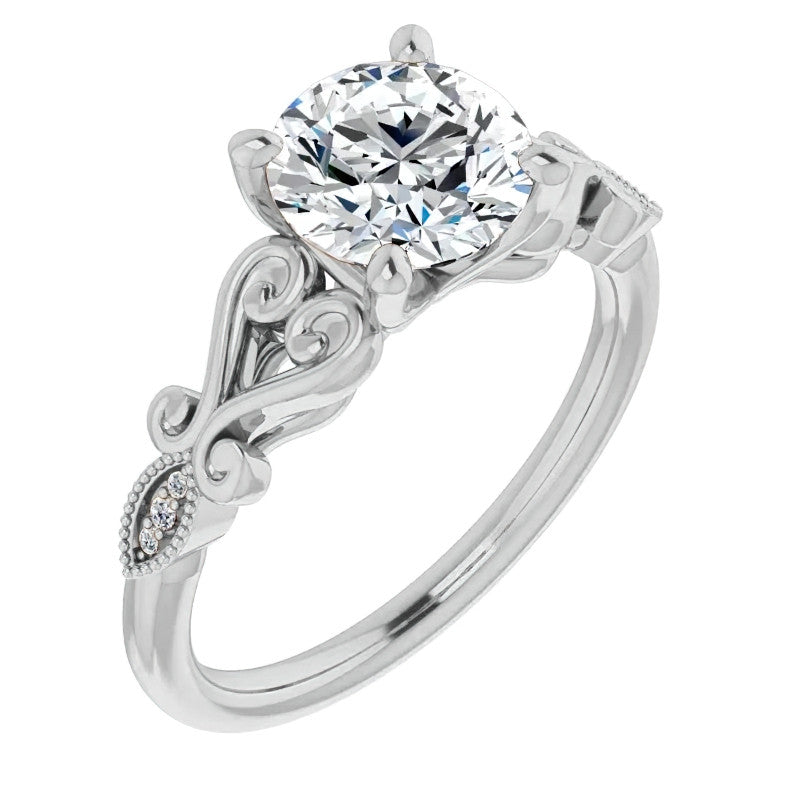 Round Scroll Accent Moissanite Engagement Ring