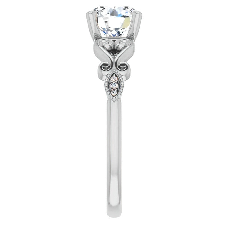 Round Scroll Accent Moissanite Engagement Ring