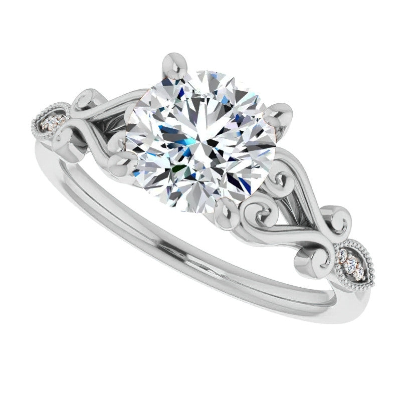 Round Scroll Accent Moissanite Engagement Ring
