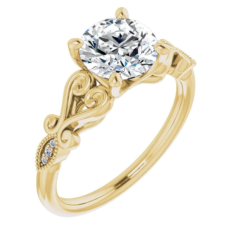Round Scroll Accent Moissanite Engagement Ring