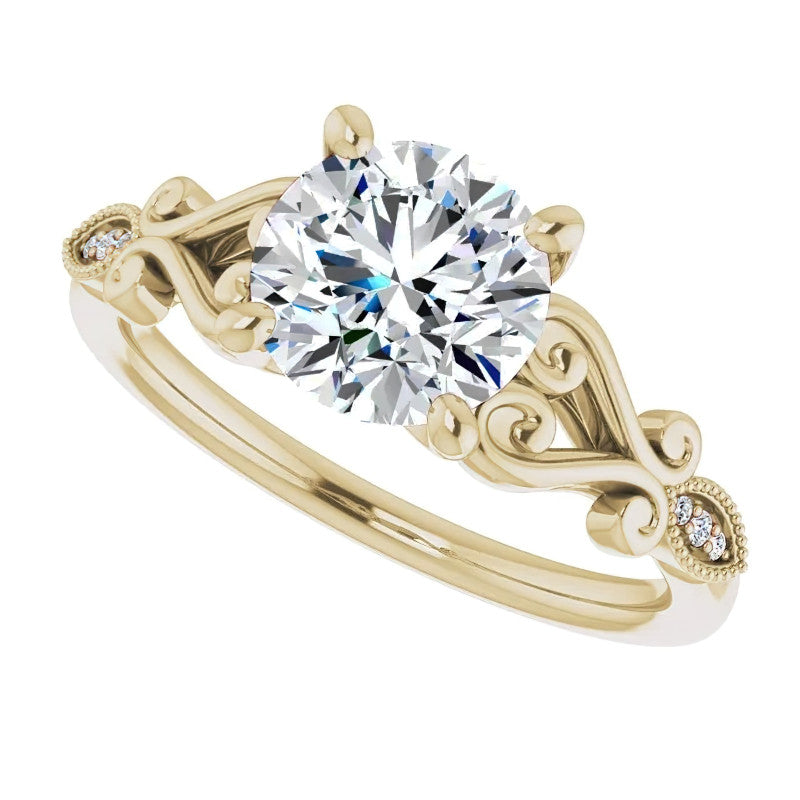Round Scroll Accent Moissanite Engagement Ring