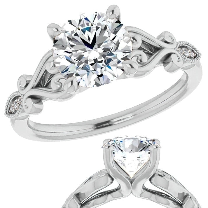 Round Scroll Accent Moissanite Engagement Ring