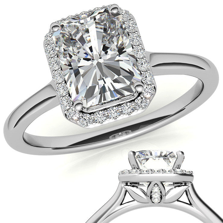 Emerald / Radiant Floral Cathedral Engagement Ring