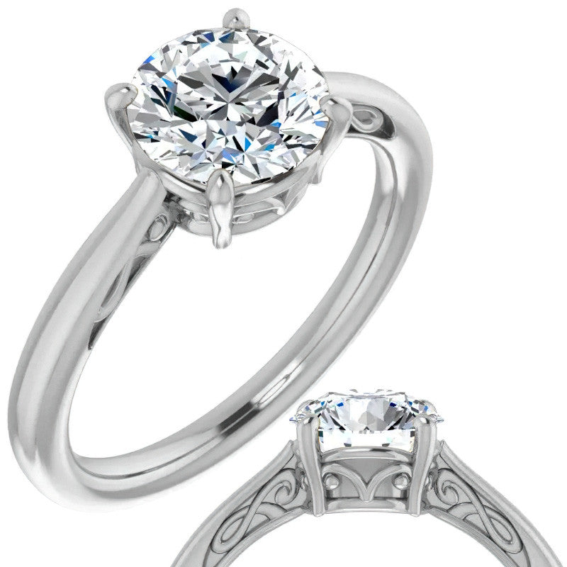 Round Brilliant Moissanite Scroll Accented Solitaire Ring