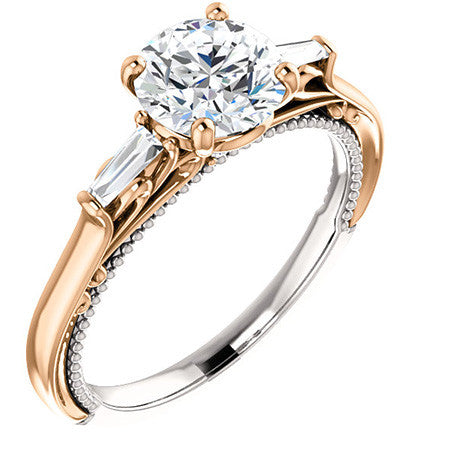 Round Moissanite Engagement Ring with Baguette Side Stones