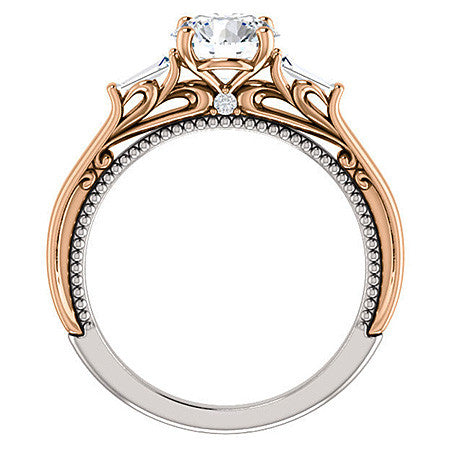 Round Moissanite Engagement Ring with Baguette Side Stones