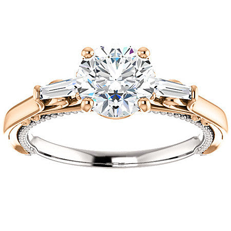 Round Moissanite Engagement Ring with Baguette Side Stones