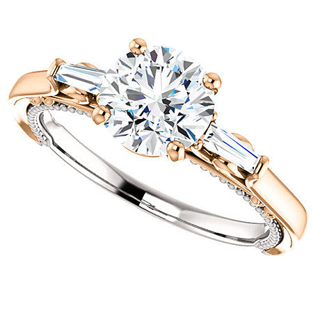 Round Moissanite Engagement Ring with Baguette Side Stones