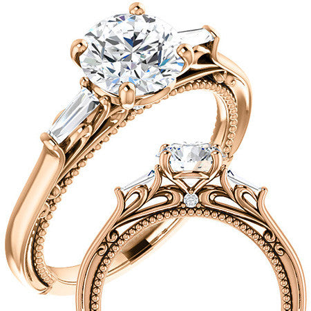 Round Moissanite Engagement Ring with Baguette Side Stones