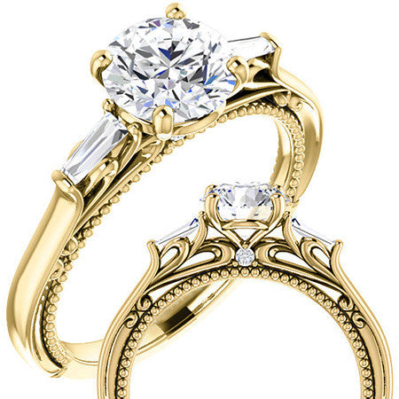 Round Moissanite Engagement Ring with Baguette Side Stones