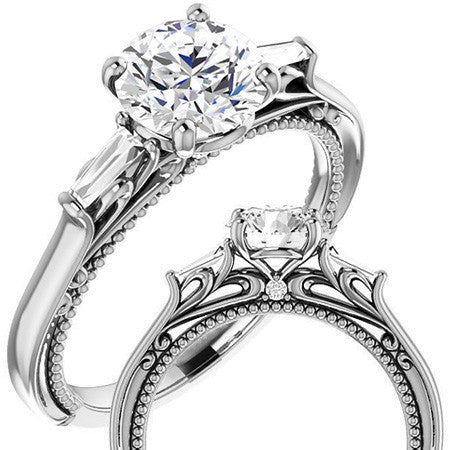 Round Moissanite Engagement Ring with Baguette Side Stones