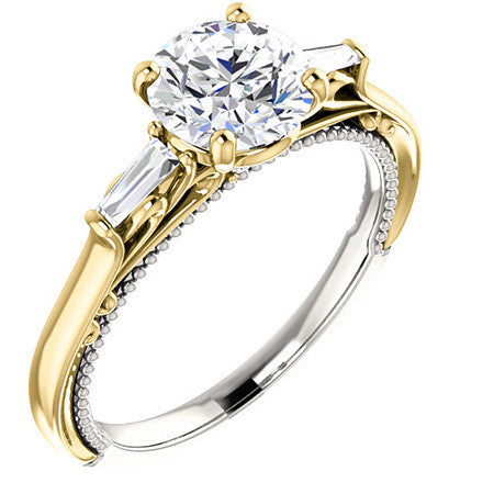 Round Moissanite Engagement Ring with Baguette Side Stones