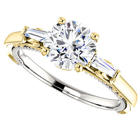 Round Moissanite Engagement Ring with Baguette Side Stones