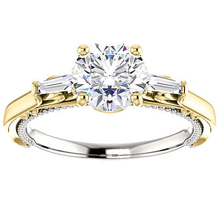 Round Moissanite Engagement Ring with Baguette Side Stones