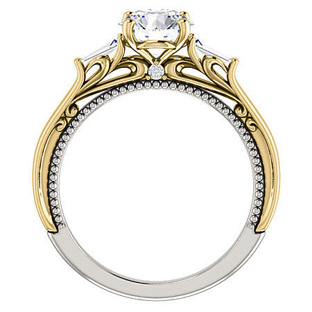 Round Moissanite Engagement Ring with Baguette Side Stones