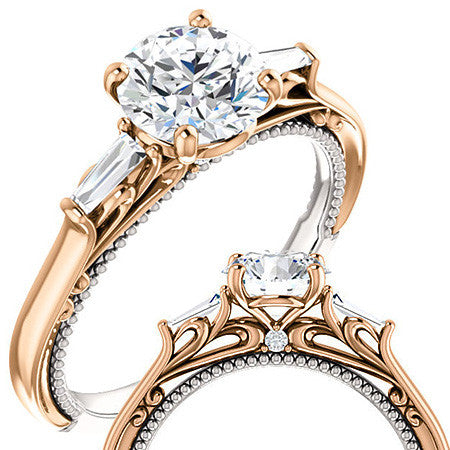 Round Moissanite Engagement Ring with Baguette Side Stones
