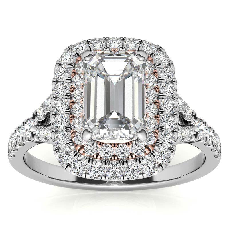 Emerald / Radiant Double Halo Cathedral Moissanite Engagement Ring