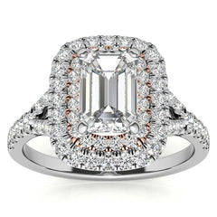 Emerald / Radiant Double Halo Cathedral Moissanite Engagement Ring