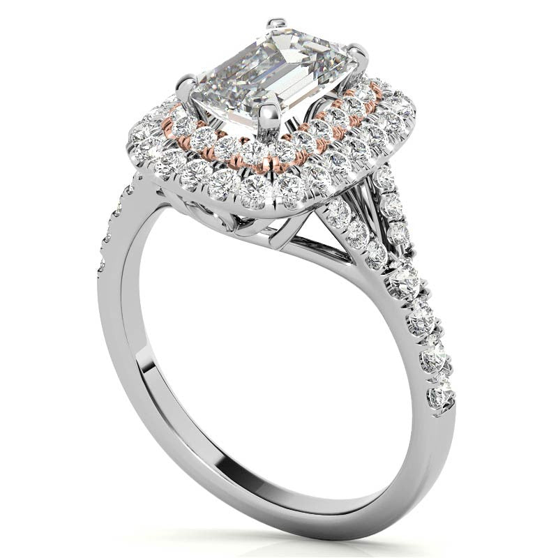 Emerald / Radiant Double Halo Cathedral Moissanite Engagement Ring
