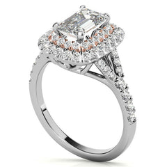 Emerald / Radiant Double Halo Cathedral Moissanite Engagement Ring