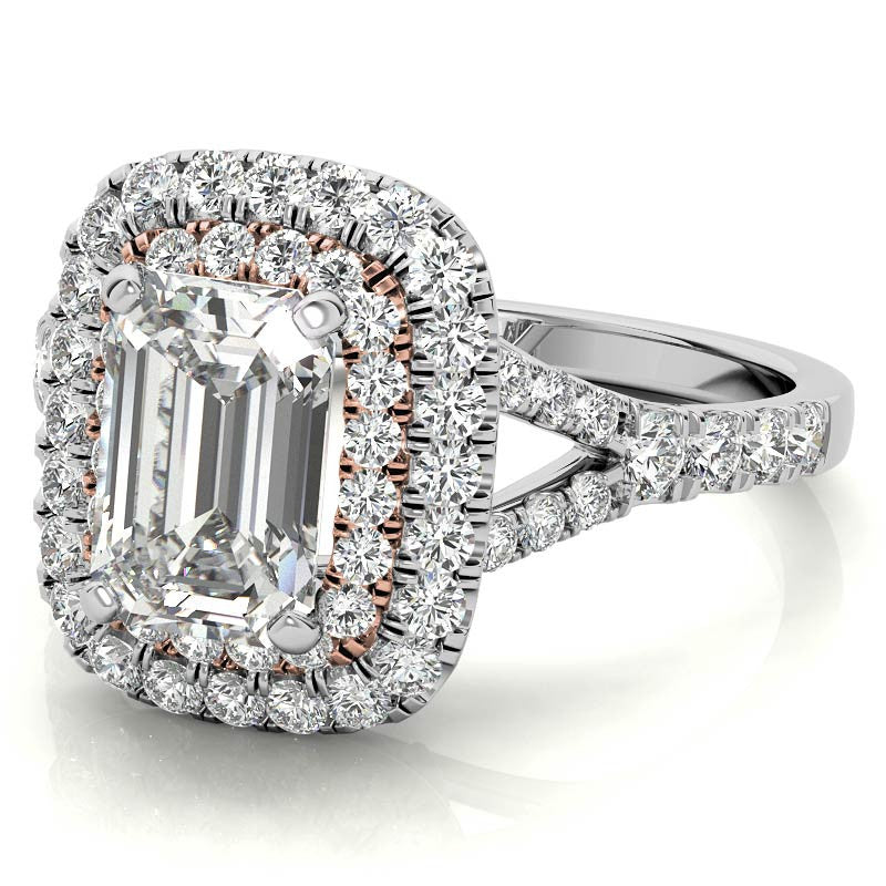 Emerald / Radiant Double Halo Cathedral Moissanite Engagement Ring