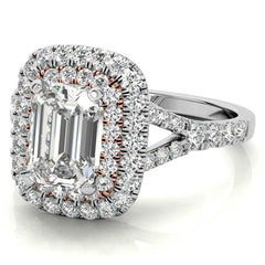 Emerald / Radiant Double Halo Cathedral Moissanite Engagement Ring