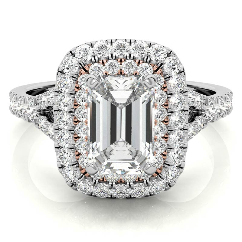 Emerald / Radiant Double Halo Cathedral Moissanite Engagement Ring