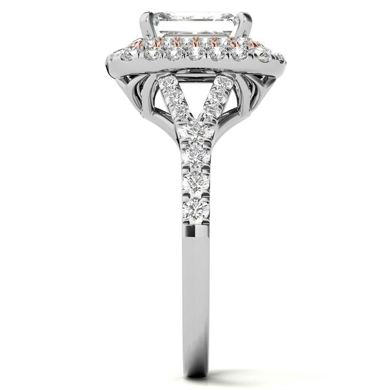 Emerald / Radiant Double Halo Cathedral Moissanite Engagement Ring