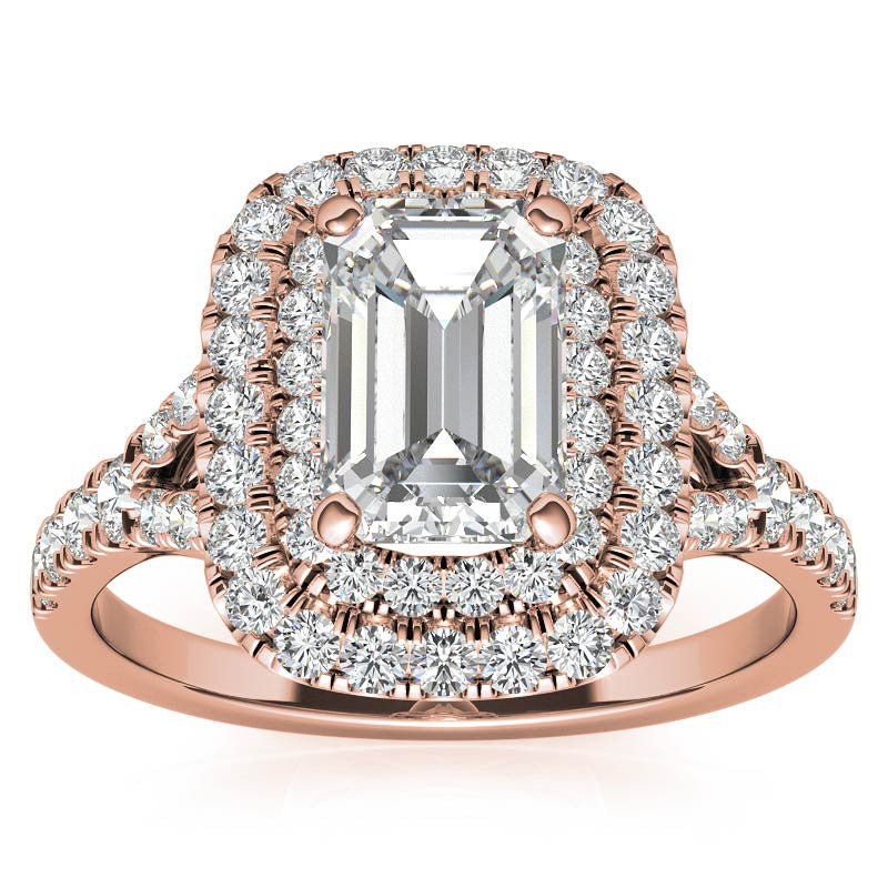Emerald / Radiant Double Halo Cathedral Moissanite Engagement Ring