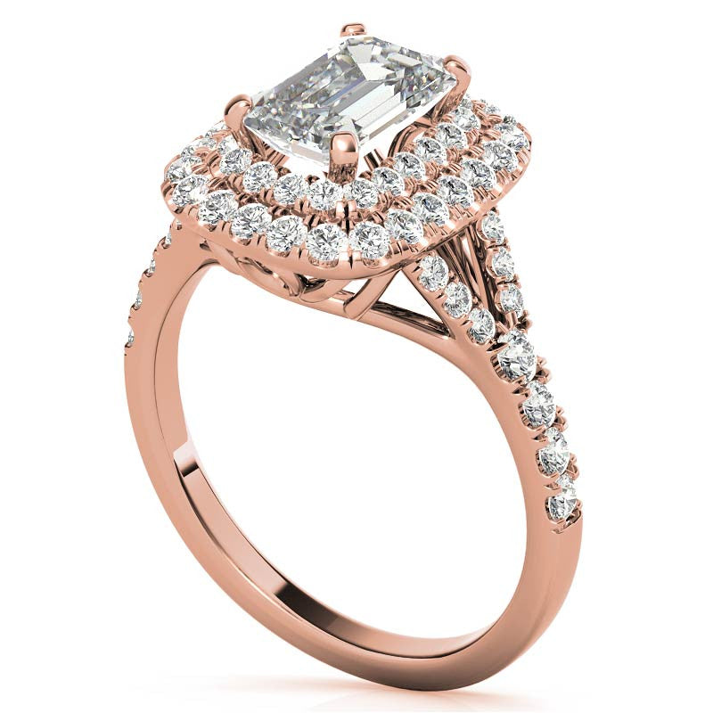 Emerald / Radiant Double Halo Cathedral Moissanite Engagement Ring