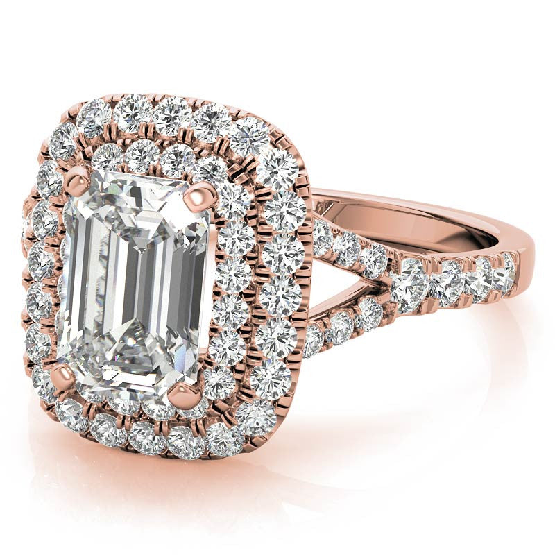 Emerald / Radiant Double Halo Cathedral Moissanite Engagement Ring