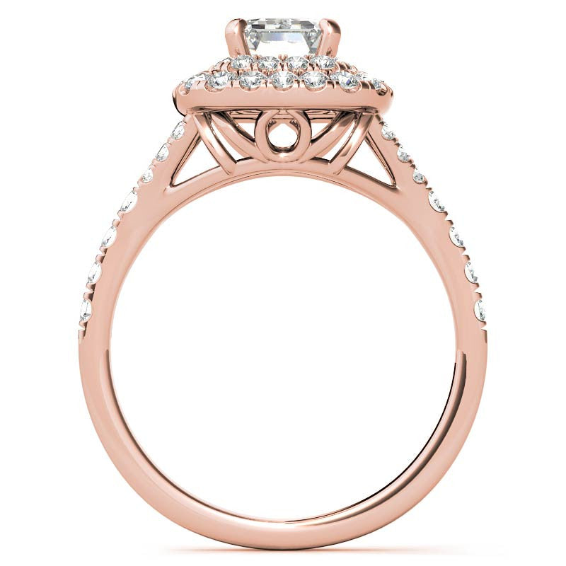 Emerald / Radiant Double Halo Cathedral Moissanite Engagement Ring