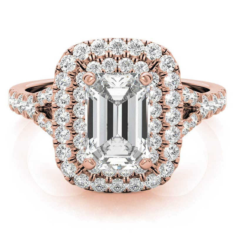 Emerald / Radiant Double Halo Cathedral Moissanite Engagement Ring