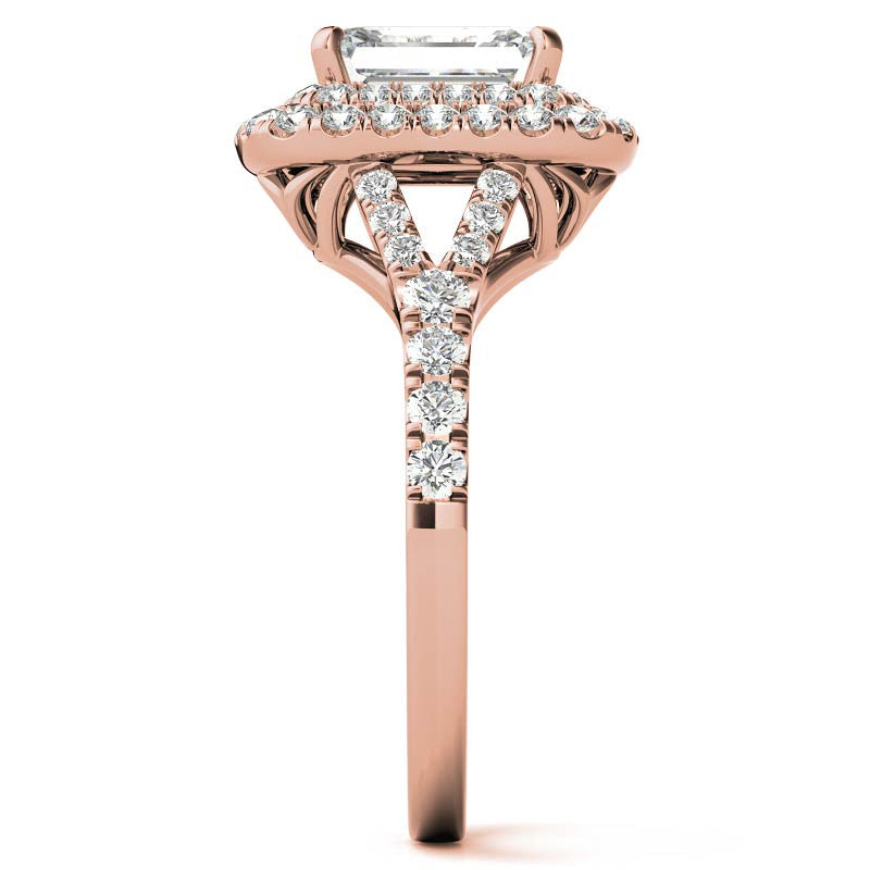 Emerald / Radiant Double Halo Cathedral Moissanite Engagement Ring