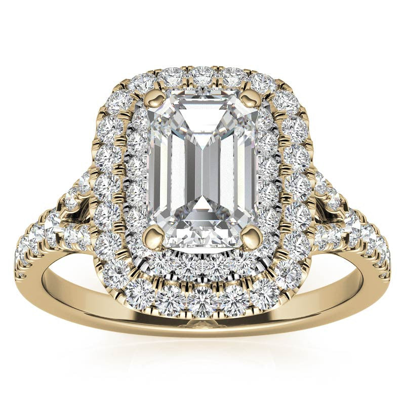 Emerald / Radiant Double Halo Cathedral Moissanite Engagement Ring