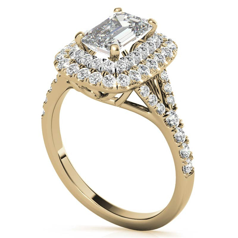 Emerald / Radiant Double Halo Cathedral Moissanite Engagement Ring