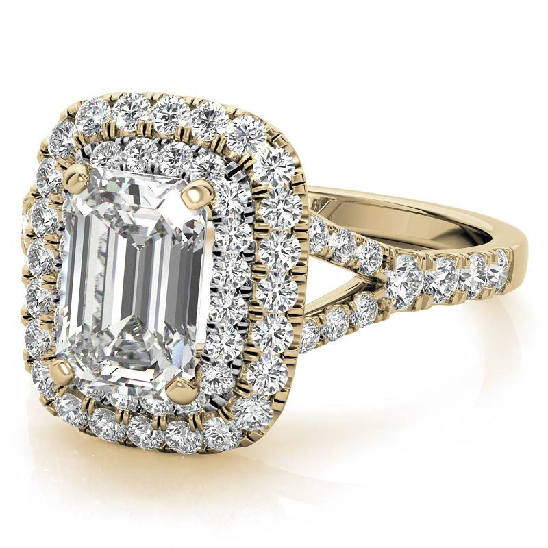 Emerald / Radiant Double Halo Cathedral Moissanite Engagement Ring